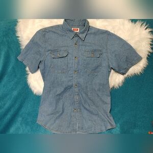 Wrangler Shirt Mens Medium Navy Short Sleeve Big Pockets Collared Button Down